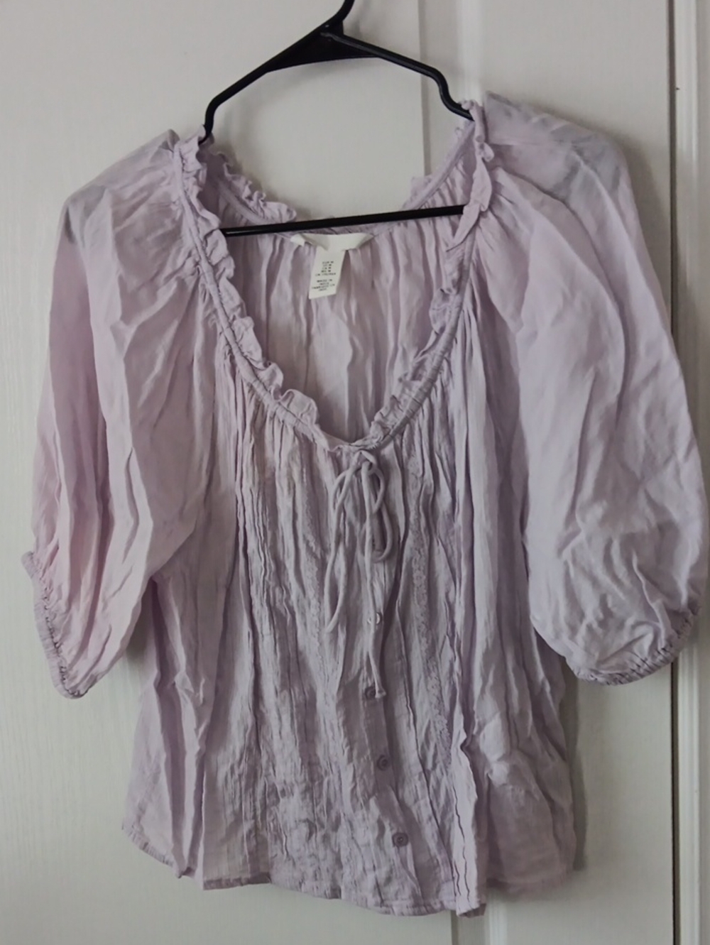H&M Soft Lavender Tie-Front Peasant Blouse